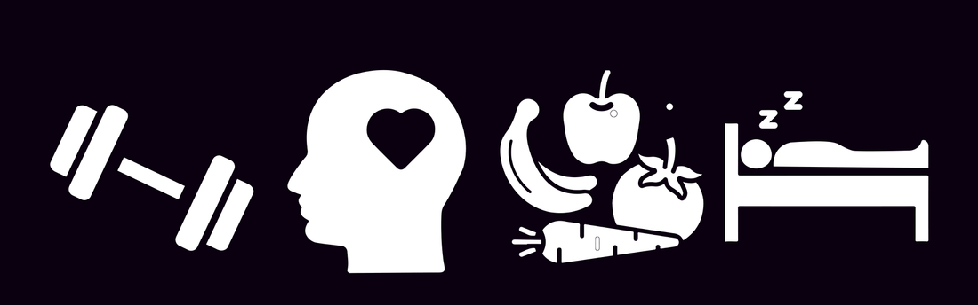 Four minimalist white vector icons representing exercise, mental wellbeing with a heart inside a head, nutrition with vegetables, and sleep with a person lying in bed.