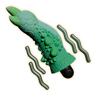 Green dragon-shaped silicone vibrator sleeve with a black bullet vibrator, representing Love Smiths fantasy vibrators and accessories.