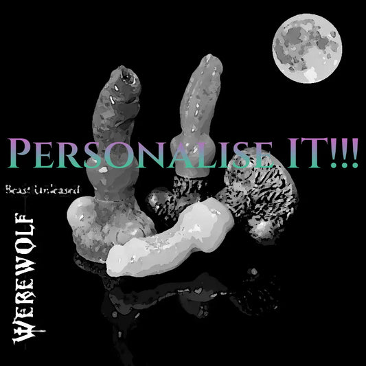 Stylised greyscale fantasy werewolf dildo models displayed together on a black reflective surface with a full moon illustration in the background.