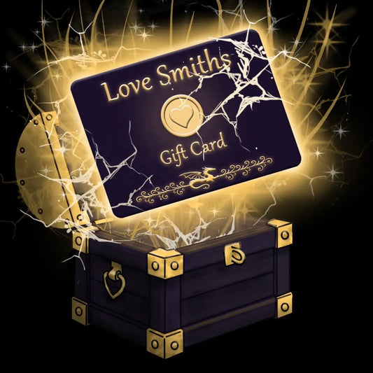 A dark purple gift card with gold lettering reading 'Love Smith's Gift Card' and a gold heart emblem, floating above an open dark purple chest with gold trim and glowing golden sparkles on a black background.