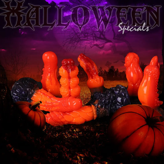 Handmade Halloween silicone dildos in orange red and black seasonal colours