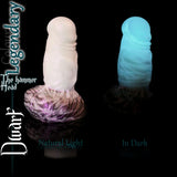 Dwarf dildo Legendary colour glow-in-the-dark comparison showing natural light and glowing blue effect in darkness.