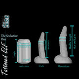 Tattooed Elf dildo size options – cute and herculean models compared to soda can, with length and diameter in cm and inches.