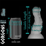 Gorgon’s Stheno’s Tongue dildo size comparison chart beside soda can – 16 cm usable length, 6 cm max diameter.