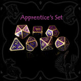 Apprentice's Set fantasy metal dice for arcane students and tabletop RPG campaigns
