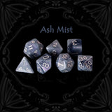 Ash Mist smoky grey acrylic tärningar set för mörk fantasy tabletop campaigns