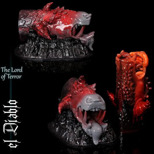 el Diablo Lord of Terror fantasy silicone masturbator in red and grey with open monster mouth and black base