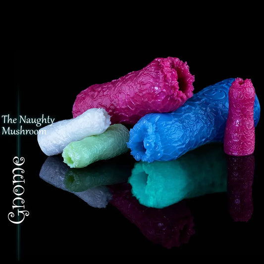 Assortment of handmade Gnome silicone masturbators in pink, blue, green and white custom fantasy colours