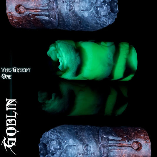 Goblin fantasy pocket pussy masturbator in Legendary metallic blue and copper, with Heroic green glow-in-the-dark colour shown below