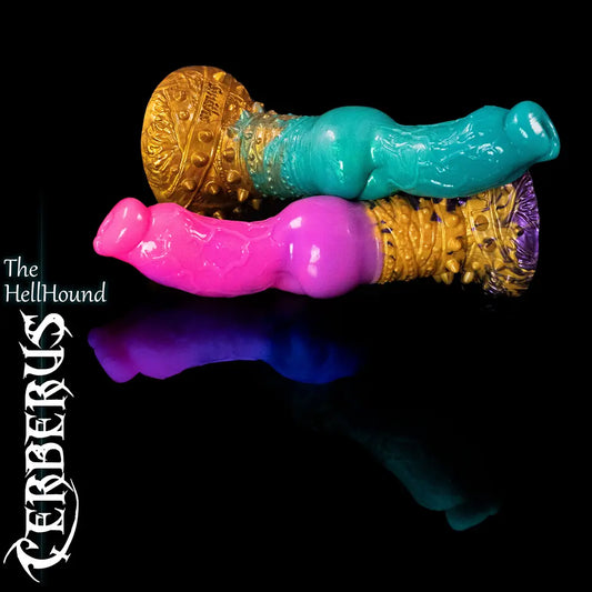 Cerberus HellHound fantasy silicone dildos in Heroic and Legendary colours on black reflective background