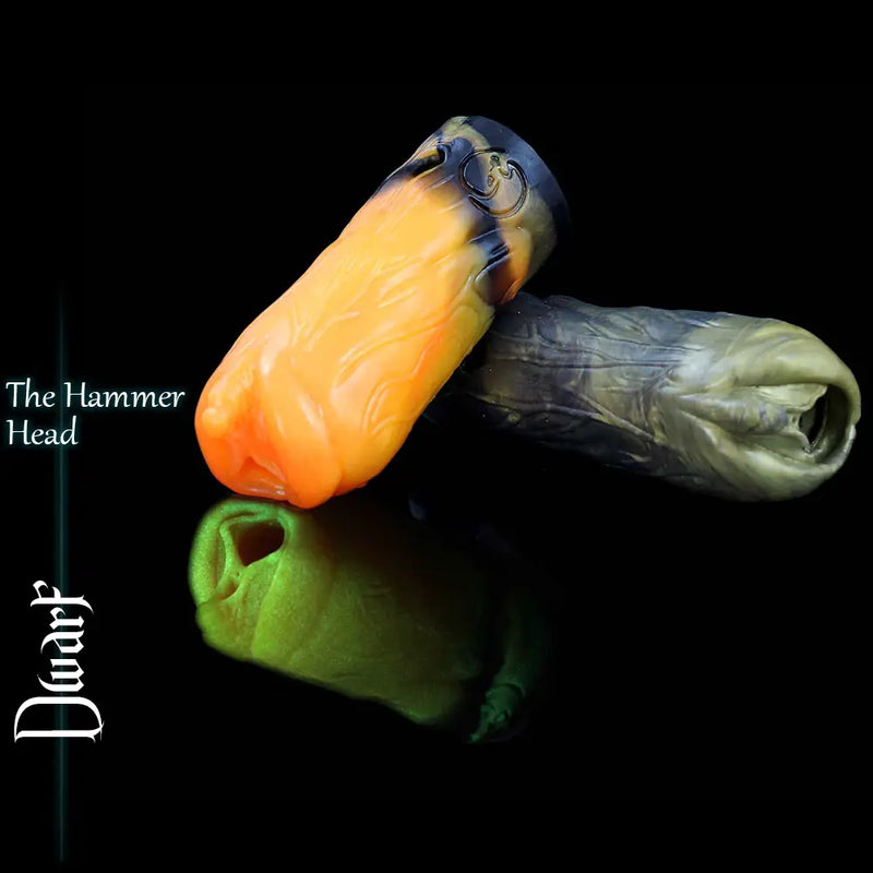 Two handmade Dwarf silicone masturbators in orange, blue-grey and green custom fantasy colour combinations