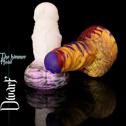 Dwarf fantasy dildo “The Hammer Head” by Love Smiths with thick textured shaft and sculpted dwarf beard base, shown in multiple colour variations.