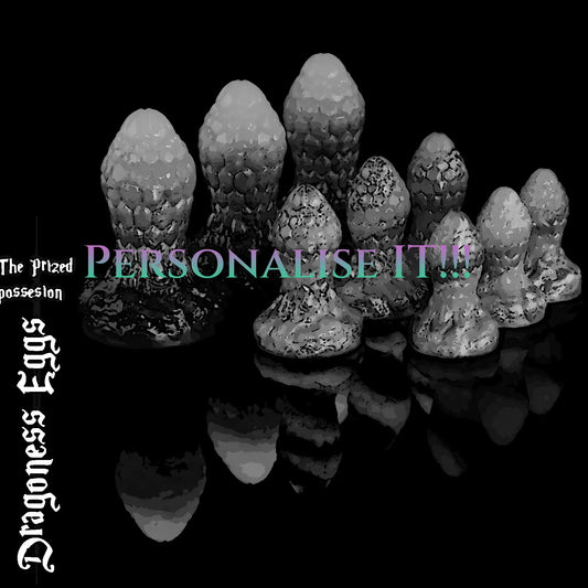 Customisable Dragoness Eggs fantasy silicone butt plugs displayed in grayscale, showcasing personalised colour options for handmade dragon scale anal plug collection.