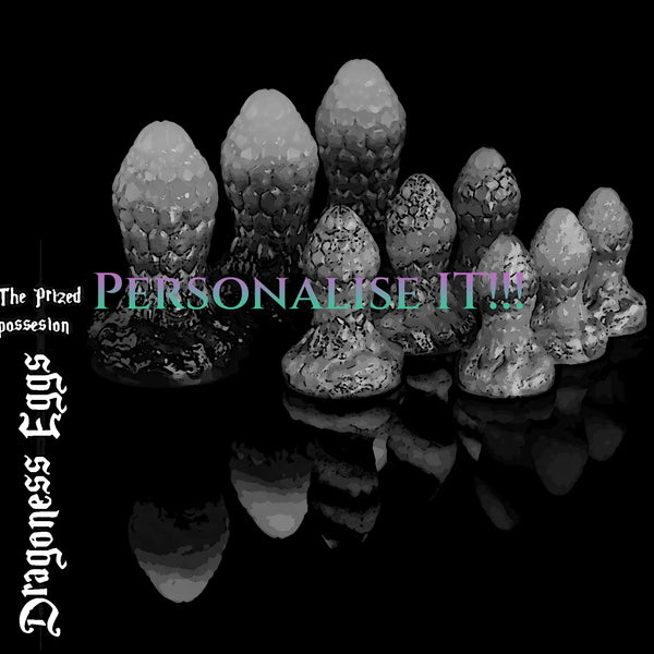 Customisable Dragoness Eggs fantasy silicone butt plugs displayed in grayscale, showcasing personalised colour options for handmade dragon scale anal plug collection.
