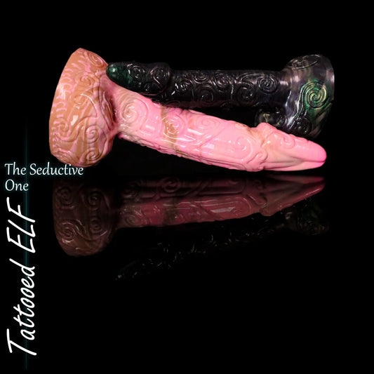 Tattooed Elf fantasy dildo by Love Smiths – pink and black colour variants with carved elven patterns.