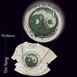 Unisex white fantasy graphic T-shirt with green dragon Yin Yang artwork