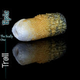Epic Troll fantasy silicone masturbator in white, gold and dark grey, with dense reptilian scales and a rounded textured entrance