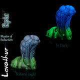 Lovathur Epic colour silicone fantasy dildo glowing in dark and natural light comparison, biomechanical alien texture by Love Smiths.