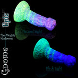 Gnome fantasy mushroom dildo in Epic purple, blue and green silicone colour, shown in natural light and black light