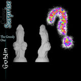A blank rendering of "The Greedy One" Goblin dildo next to a rainbow-colored question mark, representing the Colour Surprise option for a unique, randomized color mix.