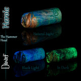 Heroic Dwarf fantasy masturbator shown in natural light, under black light and glowing green in darkness