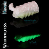 Werewolfess fantasy silicone masturbator in Heroic pearlescent green, blue and purple with glow-in-the-dark details