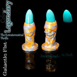 Galactic Fist fantasy silicone dildo in Legendary silver, gold and turquoise colour with glow-in-the-dark tip