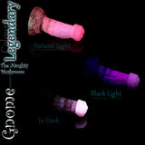 Gnome mushroom fantasy silicone dildo in Legendary colour, shown in natural light, black light and darkness