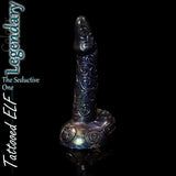 Tattooed Elf fantasy dildo in shimmering dark tones – legendary colour edition with intricate engraved details.