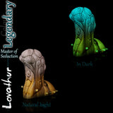 Lovathur Legendary colour fantasy dildo showing natural light and glow-in-the-dark effect, handcrafted alien silicone toy by Love Smiths.