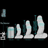 Size comparison lineup of fantasy ork silicone dildos in Cute, Herculean and Mammoth sizes shown next to soda can for dimension scale.