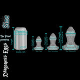 Dragoness Eggs fantasy butt plug size comparison chart showing Cute, Herculean and Mammoth textured silicone anal plugs next to 355ml soda can for scale reference.