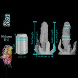 Chaos fantasy dildo size guide showing 18 cm usable length, 19.5 cm total length and soda can comparison