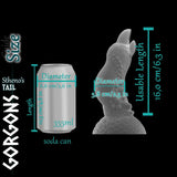 Gorgons Stheno’s Tail size guide showing 16 cm usable length and 5.5 cm diameter beside a soda can