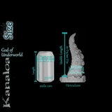 Dildo fantasy tentacolo Kanaloa in silicone nella taglia Herculean, mostrato con tabella misure con lunghezza utilizzabile e diametro confrontati con una lattina da 355 ml. - product media 2