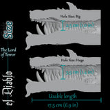 el Diablo size guide showing Big and Huge hole options, 18.5 cm length and textured internal tunnel measurements
