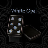 White Opal fantasy gemstone dice set with D20 D12 D10 D8 D6 and D4 dice