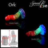 Ork Herculean Volcano Pride fantasy dildo in UV-reactive rainbow silicone