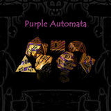 Purple Automata fantasy metal dice set inspired by ancient gnome machinery