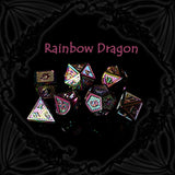 Rainbow Dragon colourful fantasy metal dice set with dragon scale design