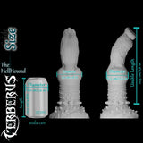 Cerberus HellHound size guide showing 22.5 cm usable length, 7.2 cm diameter and soda can comparison