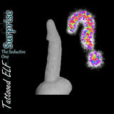 Tattooed Elf fantasy dildo surprise colour edition – mystery swirl pattern indicated with question mark.