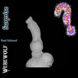 3D render of a white uncoloured fantasy werewolf dildo model with a bright multicolour question-mark graphic indicating surprise colour selection.