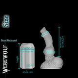 Size comparison chart showing a 355 ml soda can next to a 3D render of the werewolf dildo, including diameter and usable length measurements displayed around the model.